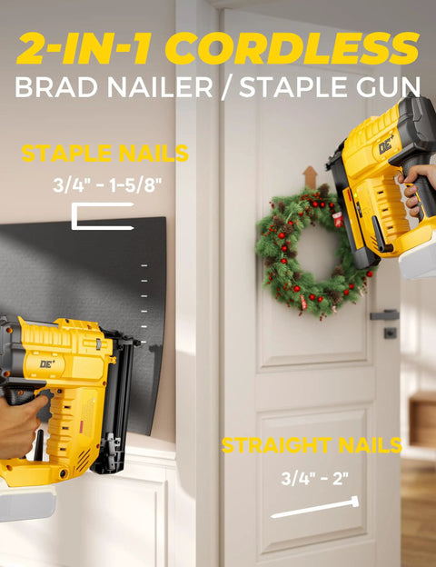 Close-up of Tough 18 Gauge Cordless Brad Nailer And Stapler Pair showing staple and straight nails size options.