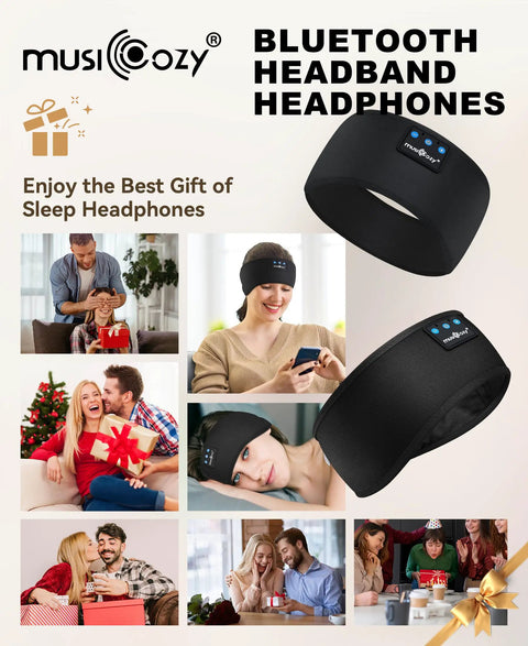Sleep Headphones Headband Bluetooth 5.4 for sleep and workout, sweat-resistant wireless earphones with built-in mic shown in use.