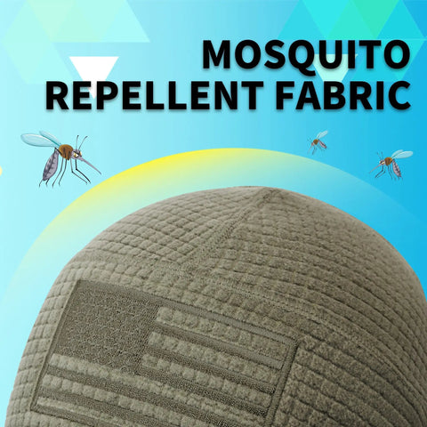 Grid Fleece Beanie With American Flag Embroidery For Outdoorsy Folks, waffle tactical skull cap in army olive with mosquito repellent