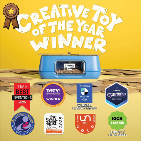 Rad Cardboard Cutter For Kids With Totally Safe Blade-Free Design on colorful background with awards, ideal for crafting projects.