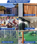 Wider applications of Fifty Feet Of One Sixteenth Inch Vinyl Coated Stainless Steel Wire Rope Kit, showcasing string lights, gate, picture, curtain, trellis, and garden uses.