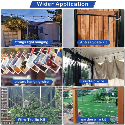 Wider applications of Fifty Feet Of One Sixteenth Inch Vinyl Coated Stainless Steel Wire Rope Kit, showcasing string lights, gate, picture, curtain, trellis, and garden uses.