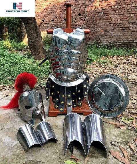 Spartan King Leonidas Style Helmet With Red Plume, muscle chest armor cuirass, silver shield, and leg guards for SCA LARP