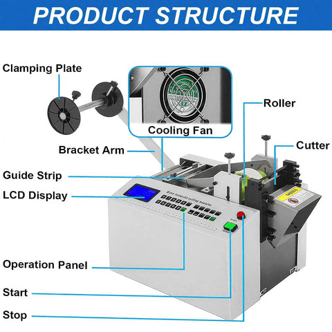 Automatic Heat Shrink Tube Cutting Machine For Cable Applications Adjustable Width And Thickness 100Mm Capacity features labeled components including LCD display and cooling fan.