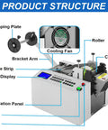 Heavy Duty Fully Automatic Heat Shrink Tube Cutter Machine With Bright Lcd Display labeled parts including clamping plate and cooling fan.