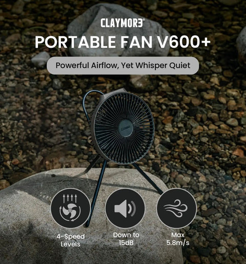 Warm Gray Rechargeable Portable Fan With 7800mAh Battery, USB C Charging, Four Speed BLDC Ultra Quiet Air Circulation, Up To 32 Hours Runtime, Tripod Mountable, Ideal For Camping, Indoor Or Outdoor Use on a rock
