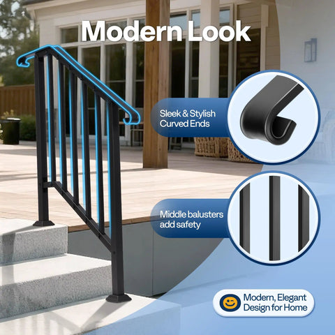 2 Pack Galvanized Steel Hand Rails For Outdoor Steps With 27.1 Inch Curved Ends And Safety Balusters Exterior Railing Kit