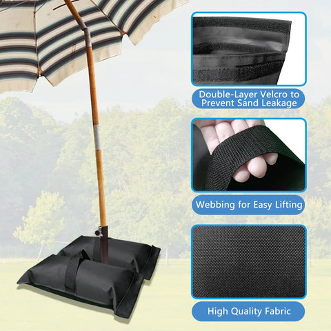 Fillable Sandbag Base Weights For Patio Umbrella, Set Of 2, Each Holds 30 Lbs, Heavy Duty Oxford Cloth, Windproof And Easy To Install, Keeps Outdoor Umbrella Steady On Deck Or Garden, Black with close-ups of Velcro and handles for easy lifting.