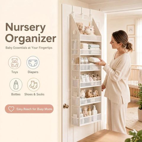 Real Deal Heavy Duty Over The Door Storage Rack With Six Tier Hanging Mesh Pockets crafted solid for easy nursery organization.