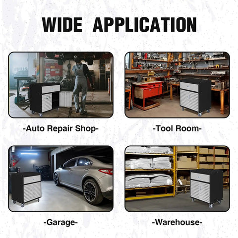 Mobile Garage Storage Cabinet With Wheels Pegboard Drawer And Adjustable Shelf For Tools And Hardware Built In Door Pegboard For Hanging Heavy Duty Easy Roll Metal Tool Cabinet For Workshop Organization in auto repair shop