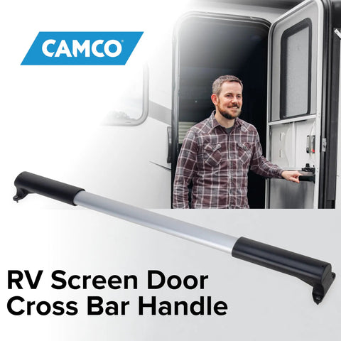 RV Screen Door Cross Bar For Campers And Travel Trailers, Shields Your Screen Door From Smacks And Damage, Makes Exiting A Breeze, Adjustable From 21 5/8 To 28 5/8 Inches, Durable Travel Trailer Accessory, aluminum handle on RV door