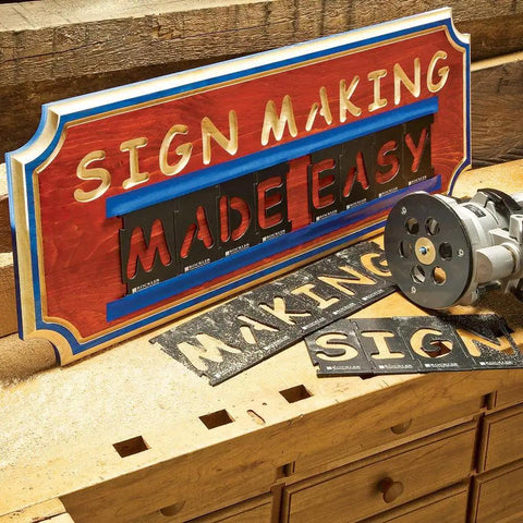 Four Inch Interlocking Router Letter Template Set For Dead Easy Comic Sans Custom Sign Making No Sweat Woodworking Stencils And Precision Alignment Guide Kit displayed with crafted sign and router.