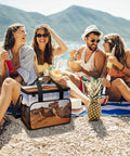 Desert Rest Small Cooler Bag For Men And Women with foil lined interior on a beach with people enjoying drinks and snacks