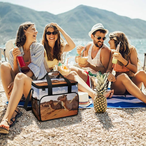 Desert Rest Small Cooler Bag For Men And Women with foil lined interior on a beach with people enjoying drinks and snacks