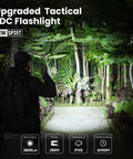 Person using Beastly Bright 3800 Lumen Tactical Flashlight with Dual Switch in forest, illuminating path, showcasing pocket-sized EDC light.