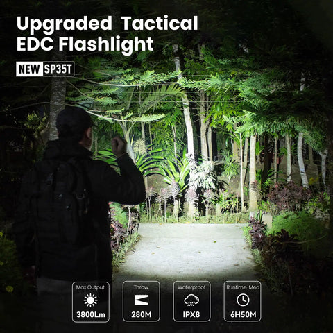 Person using Beastly Bright 3800 Lumen Tactical Flashlight with Dual Switch in forest, illuminating path, showcasing pocket-sized EDC light.