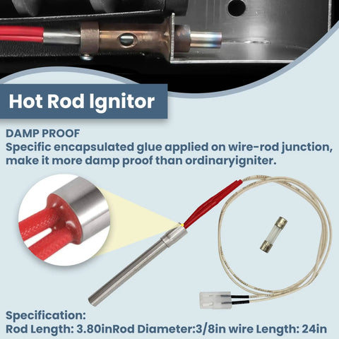 Close-up of a hot rod ignitor with wire and connector from Auger Motor Complete Replacement Kit With 2.0 RPM Upgrade, Hot Rod Ignitor, Burn Pot, And Induction Fan For Wood Pellet Grills From Pit Boss, Camp Chef, And Z Grills.