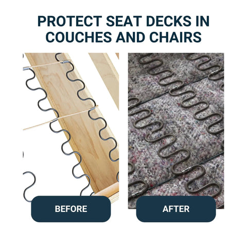 Premium Heavy Duty Upholstery Padding Roll 24 By 6 Foot Spring Cover showing before and after protecting couch seat springs.