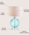 Aqua Diamond Etched Glass And Crystal Table Lamp 26 Inch Tall Coastal Transitional Bedside Light With White Linen Drum Shade LED Bulb Included ETL Listed Energy Saving Modern Home Decor with rotary switch.