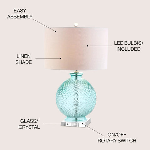 Aqua Diamond Etched Glass And Crystal Table Lamp 26 Inch Tall Coastal Transitional Bedside Light With White Linen Drum Shade LED Bulb Included ETL Listed Energy Saving Modern Home Decor with rotary switch.