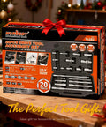 20 Piece Socket Extension Bar Set With One Quarter Inch, Three Eighths Inch And One Half Inch Drives, Universal Joints, Couplers And Shank, CR-V Steel Handy Mechanic Kit For Reaching Tight Spaces in retail box on workbench.