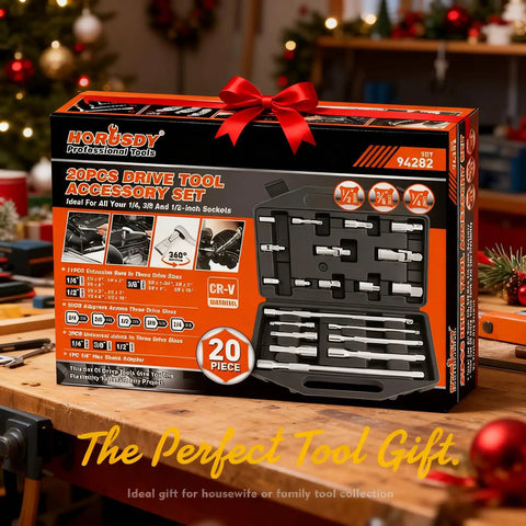 20 Piece Socket Extension Bar Set With One Quarter Inch, Three Eighths Inch And One Half Inch Drives, Universal Joints, Couplers And Shank, CR-V Steel Handy Mechanic Kit For Reaching Tight Spaces in retail box on workbench.