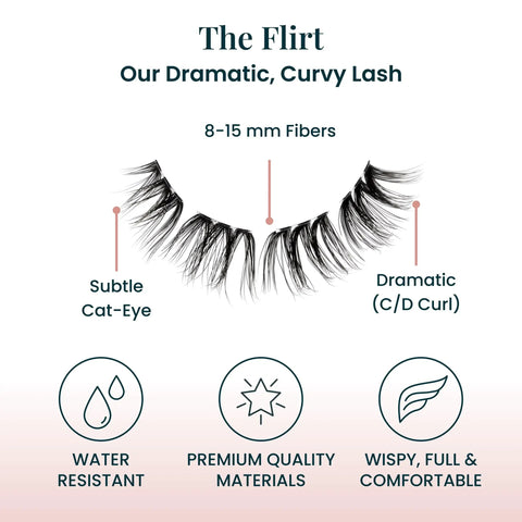 Flirt Ready Set DIY Eyelash Extensions Kit With Glue, Three Lash Sets And Applicator, dramatic curvy 8-15mm cat-eye lashes