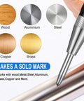 Solid Precision With This Hella Tough Tungsten Carbide Scriber And Automatic Spring Loaded Center Punch Set Featuring Built In Magnet Clips For Etching Glass Ceramics Metal showing the tool on various materials.