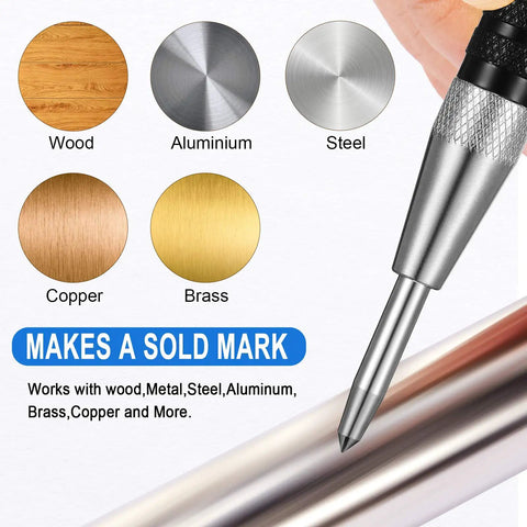 Solid Precision With This Hella Tough Tungsten Carbide Scriber And Automatic Spring Loaded Center Punch Set Featuring Built In Magnet Clips For Etching Glass Ceramics Metal showing the tool on various materials.