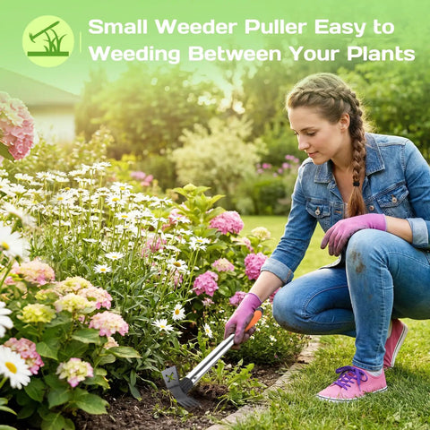 Woman using 17 Inch Weed Puller Tool 2 In 1 Garden Hoe And Rake For Weeding Uprooting Planting Portable Manual Weeder in garden