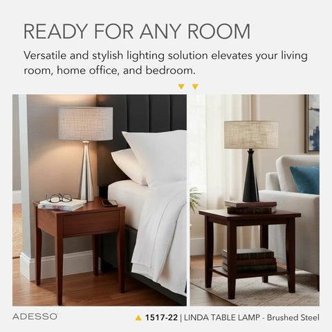 Linda 21.5 Inch Table Lamp in brushed steel with light gray textured fabric shade in bedroom setting