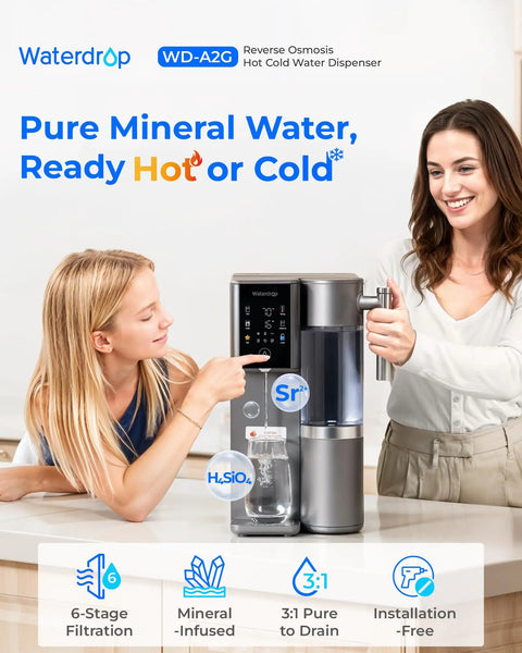 Women using Mineral Rich A2G Countertop Reverse Osmosis System With Hot And Cold Water On Tap, 6 Stage Filtration, on kitchen counter.