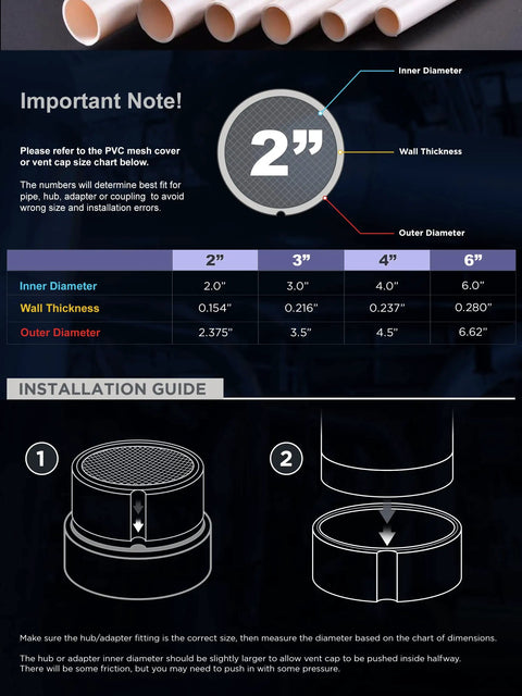 Diagram illustrating Mesh Screen Vent Cap End Cover dimensions, installation guide, and compatibility with vent pipes.