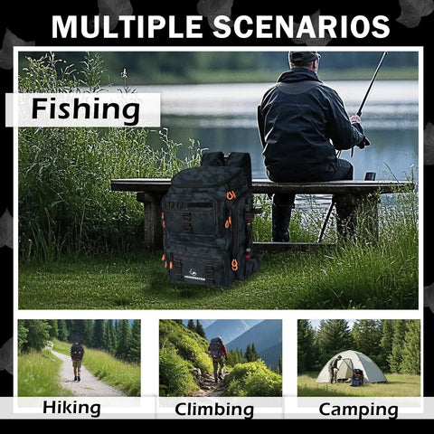 Fishing Backpack With Rod Holders And 42L Capacity, 900D Water-Resistant Oxford Tackle Bag in natural settings.