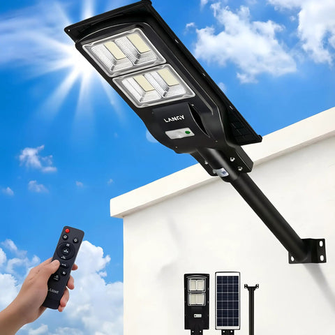 Ultra Bright Solar Street Light With 240 LEDs And 18000mAh Battery mounted on wall, remote control shown