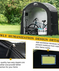 All Weather Outdoor Bike Storage Shed Tent Waterproof Portable Bicycle Cover with bike inside, zipper and ventilation details.