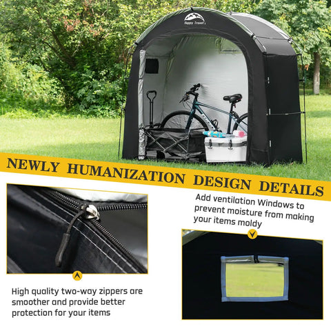 All Weather Outdoor Bike Storage Shed Tent Waterproof Portable Bicycle Cover with bike inside, zipper and ventilation details.