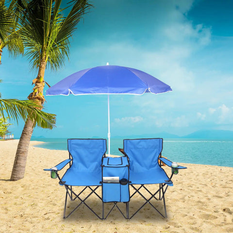 Folding Double Camping Chair With Cooler & Umbrella ✓