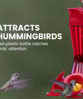 Hummingbird Feeder With Pinch Waist Design No Fuss No Mess Easy Fill And Clean With Bee Guards Keeps Bees Out Four Flower Ports 8 Ounce Capacity Outdoor Garden Or Patio Bird Feeder, with red plastic design and two hummingbirds feeding.
