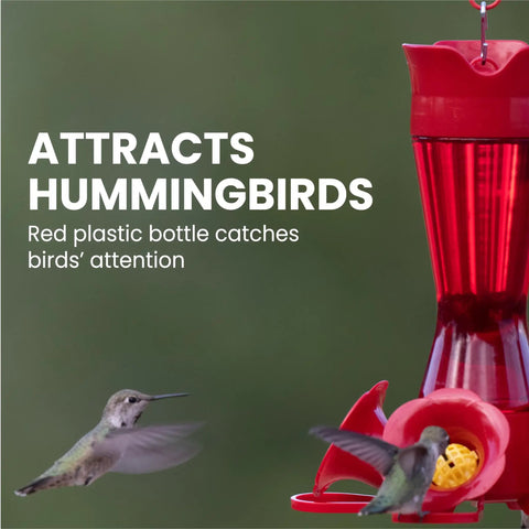 Hummingbird Feeder With Pinch Waist Design No Fuss No Mess Easy Fill And Clean With Bee Guards Keeps Bees Out Four Flower Ports 8 Ounce Capacity Outdoor Garden Or Patio Bird Feeder, with red plastic design and two hummingbirds feeding.