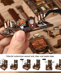 Close-up of Twilight Library Edition DIY Book Nook Kit with miniature furniture, clock, and candles, LED lights for adults and teens.