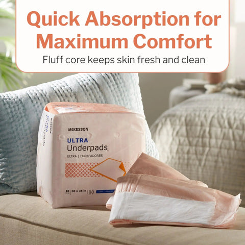 Heavy Absorbency Underpads 30 x 36 Inches Disposable Bed Pads 100 Count for incontinence, shown on a couch.