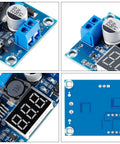 LM2577 DC-DC Boost Module with Digital Display Voltmeter, Adjustable Output 4-35V, blue circuit board with components, close-up view