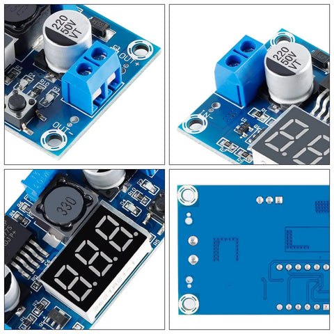 LM2577 DC-DC Boost Module with Digital Display Voltmeter, Adjustable Output 4-35V, blue circuit board with components, close-up view