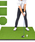 Golfer standing on Golf Hitting Mat 5x4 Ft With Premium 15 Mm Artificial Turf For Indoor And Outdoor Swing Practice Includes 3 Rubber Tees Durable EVA Foam Base For Real Feel And Shock Absorption, ready to swing.
