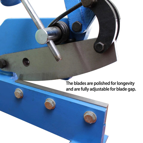 Close-up of Bench Mounted Manual Sheet Metal Shear 8 Inch Multi Purpose Steel Shear For 3/16 Inch Metal Plates And 1/2 Inch Rods