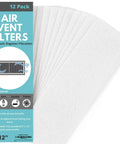 Image of 4 By 12 Inch Home Air Vent Filters Pack Of 12 for floor register vents, showing packaging and electrostatic filters.