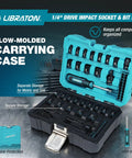 71 Piece 1/4 Inch Impact Socket Set With SAE And Metric Sockets in a turquoise blow-molded carrying case, open and organized on a table.