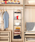 Adjustable 5 Shelf Metal Wire Hanging Closet Organizer For Wardrobe Storage Perfect For Clothes Shoes Bags Belts And Hats Space Saver Easy Assembly Durable Black Finish in wardrobe