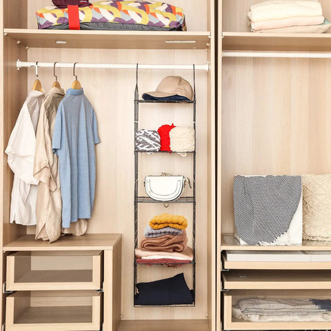 Adjustable 5 Shelf Metal Wire Hanging Closet Organizer For Wardrobe Storage Perfect For Clothes Shoes Bags Belts And Hats Space Saver Easy Assembly Durable Black Finish in wardrobe